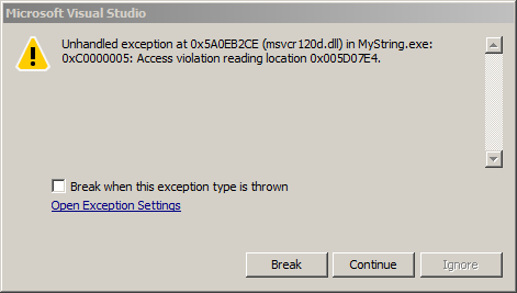 screenshot visual studio access violation window